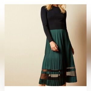 Ted Baker Scarlah Black and Green Knitted Long Sleeve Pleated Midi Dress